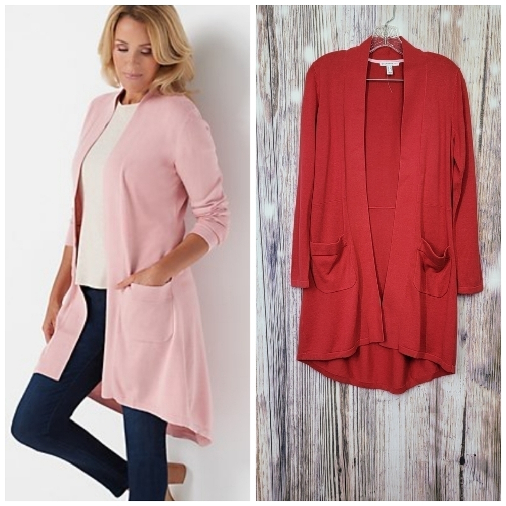 𝅺Isaac Mizrahi Pomegranate Red Open Front Peplum Cardigan With Pockets